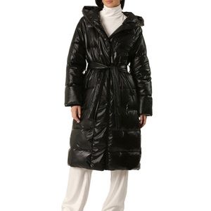Avec Les Filles Faux Leather Belted Hooded Puffer Jacket